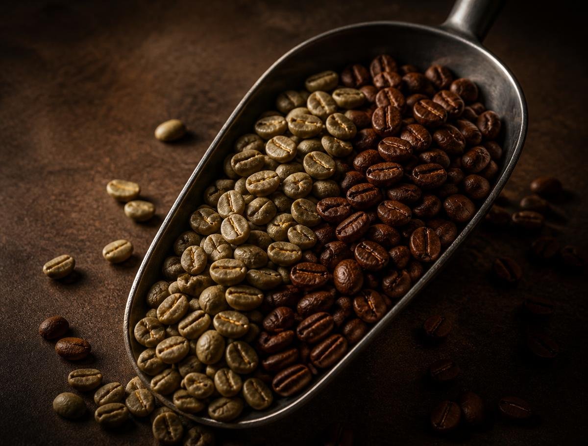 Green and roasted coffee beans in a metal scoop on a cocoa-toned surface