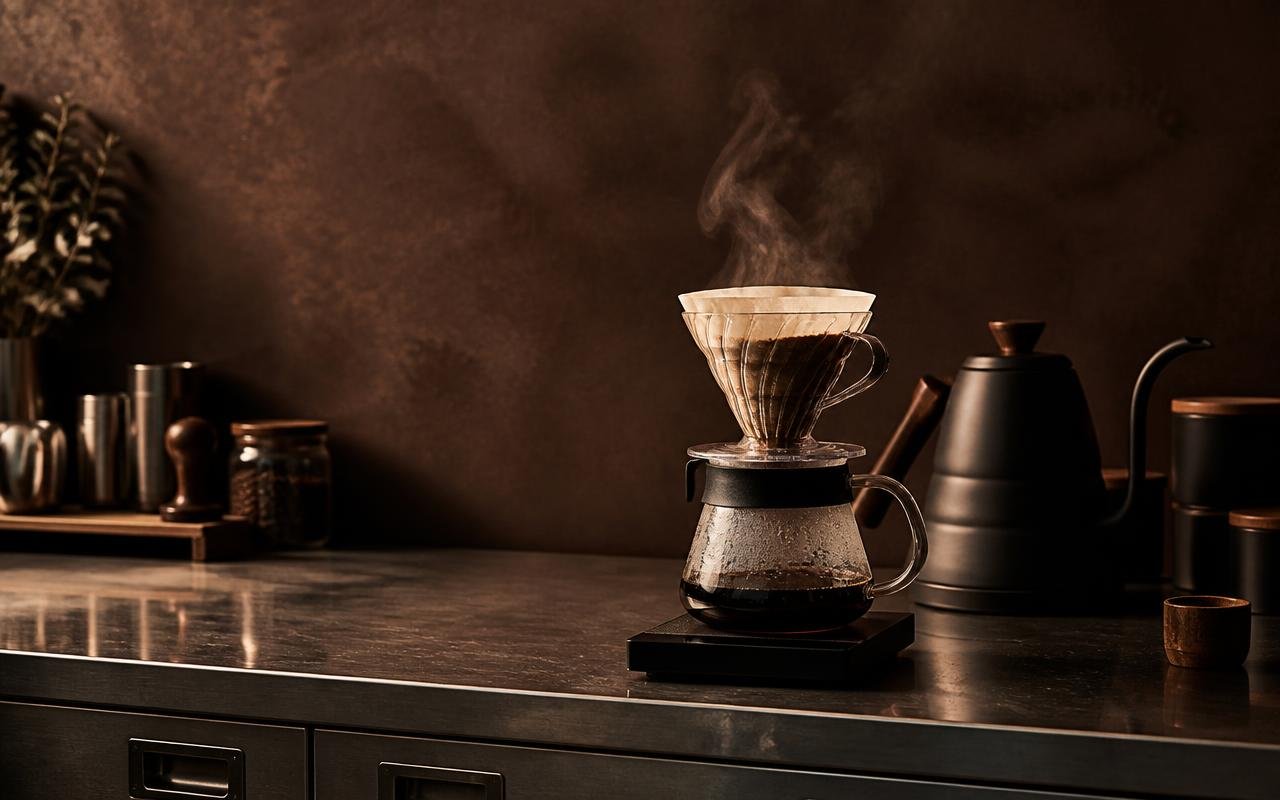 Pour-over brewing on a steel bench with steam rising in warm light